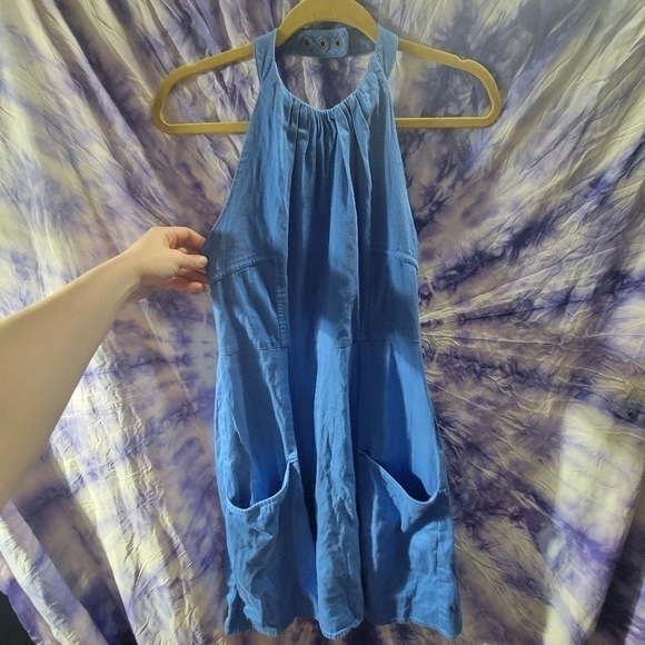 Jessica Simpson Blue Halter Pleated Neckline Deep Front Pockets A-line Dress 6 - Picture 2 of 15